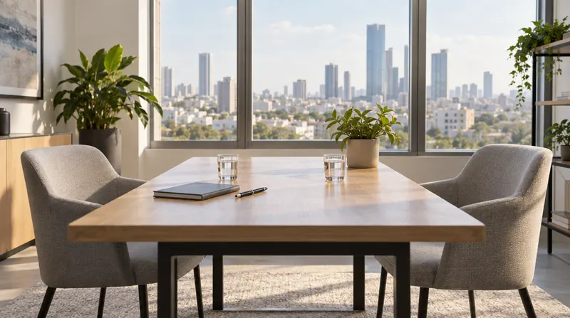 חדר ישיבות מואר עם שני כיסאות משני צדי שולחן, כוסות מים ומחברת